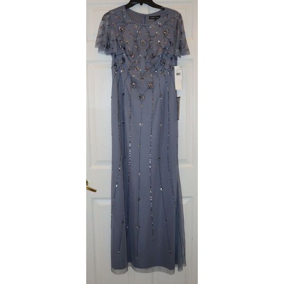 Papell Studio Women's Sz 10 Dusty Blue Flutter-Sleeve Embellished Long Gown $179 - Picture 1 of 11